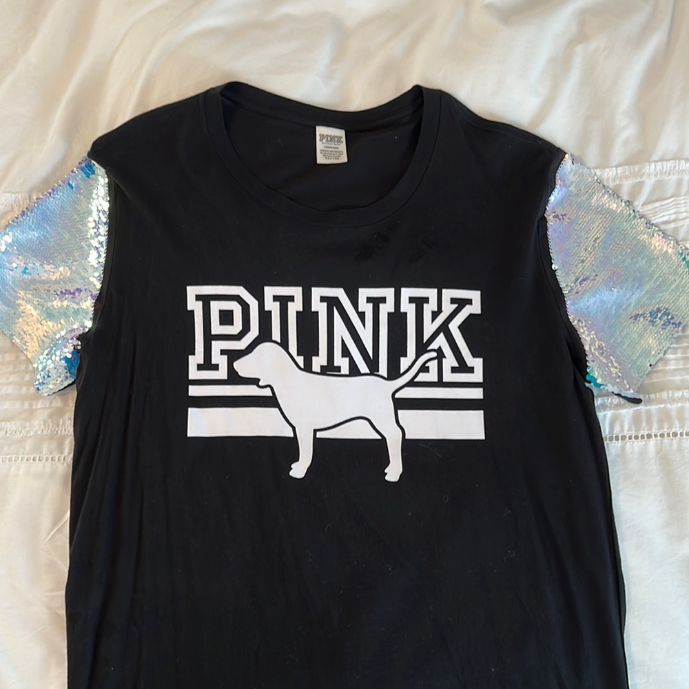 Black VS Pink T-Shirt with Silver Sequined Sleeves